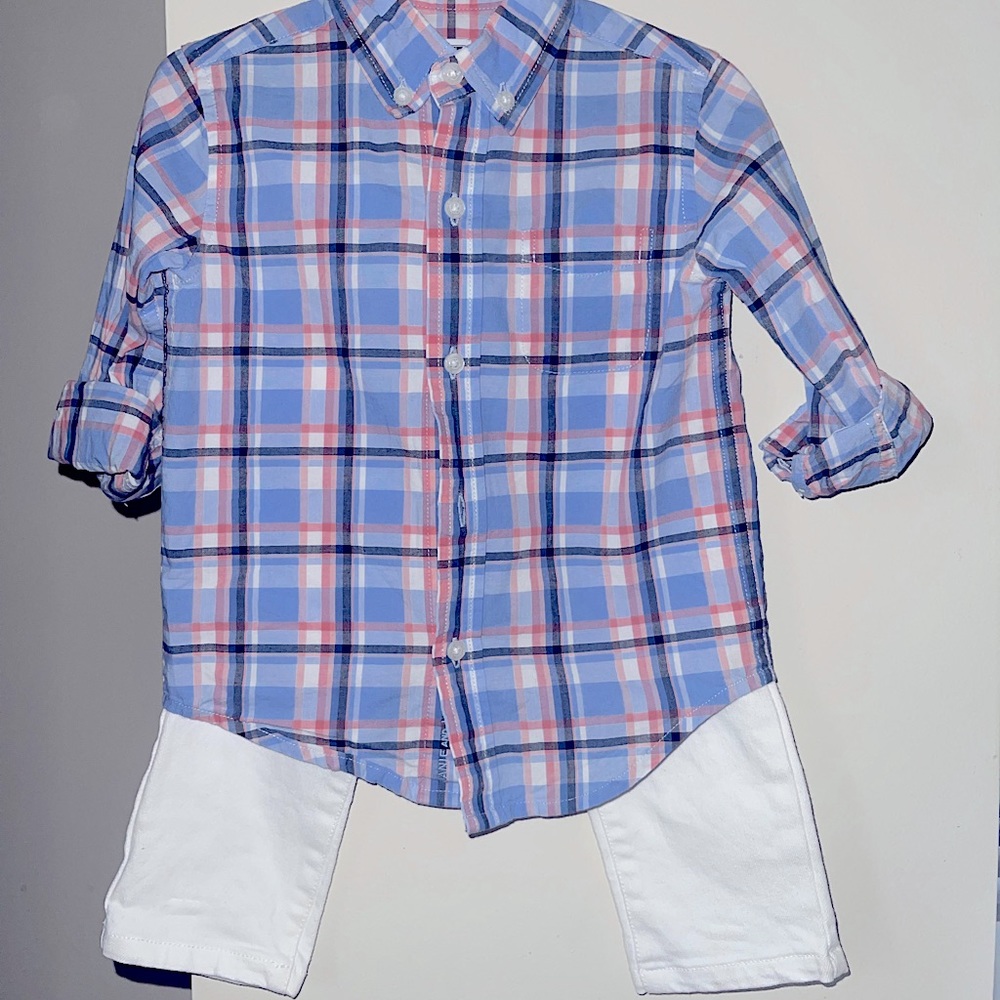 Janie and Jack toddler boys outfit. Plaid shirt and white denim jeans.
